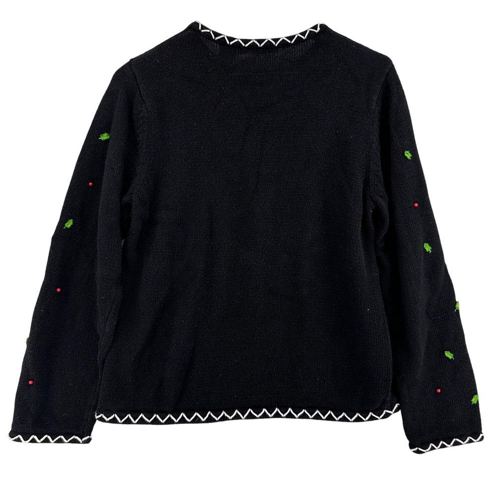 90s Reference Point Holiday Snowman Christmas Tree Cardigan Sweater Black M VTG - Picture 2 of 10